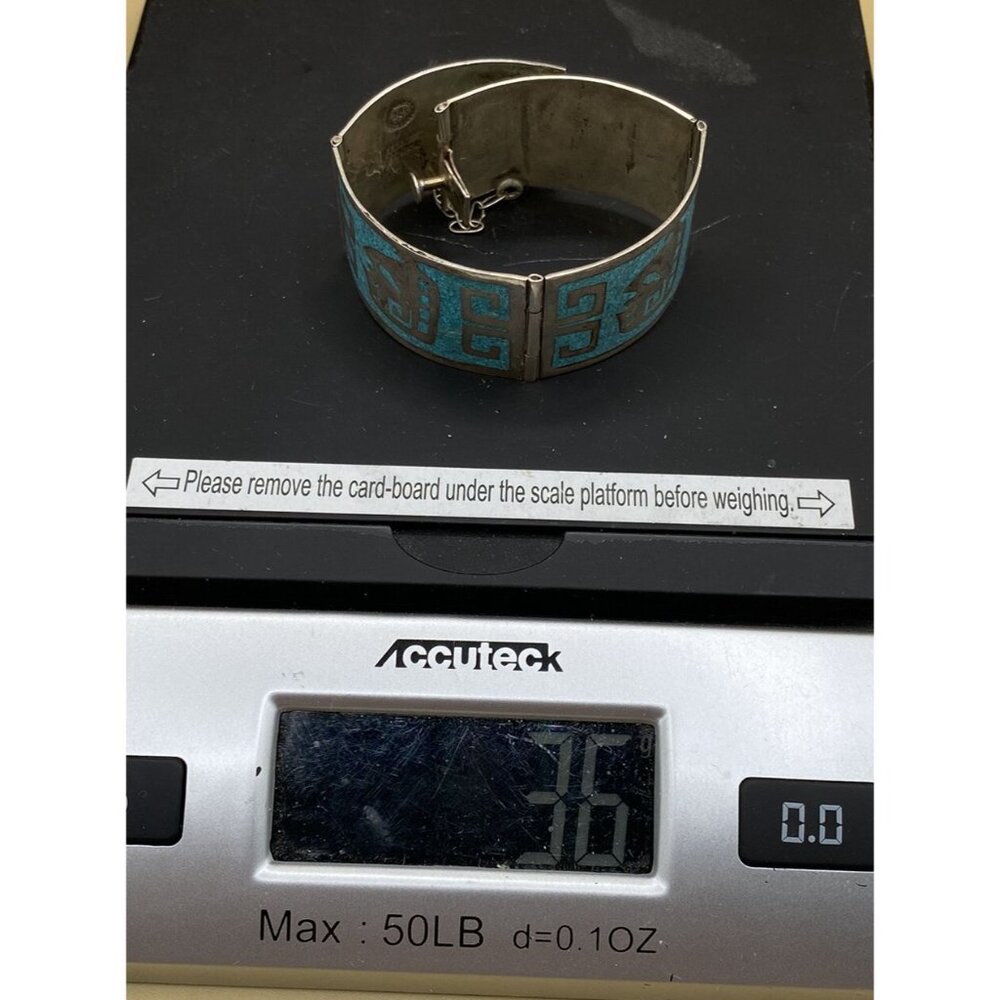 Mexico 925 Sterling Silver Crushed Turquoise Inlay Greek Key Bracelet READ - Picture 9 of 10